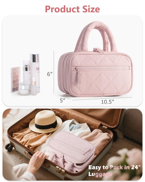 Marscamd Travel Toiletry Bag for Women with Hanging Hook, Puffy Makeup Organizer with Brushes Slots for Bathroom, Shower and Beauty Essentials, Pink