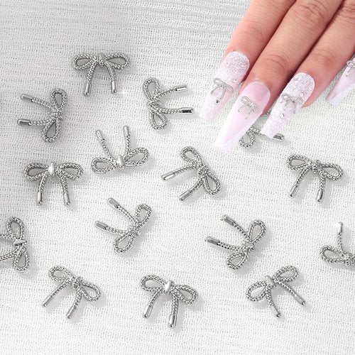 QPRETTY DU 3D Bow Nail Charms 100PCS Silver Metal Butterfly Nail and Gems Shiny Nails Art Decoration Supplies Accessories for Acrylic Nails DIY