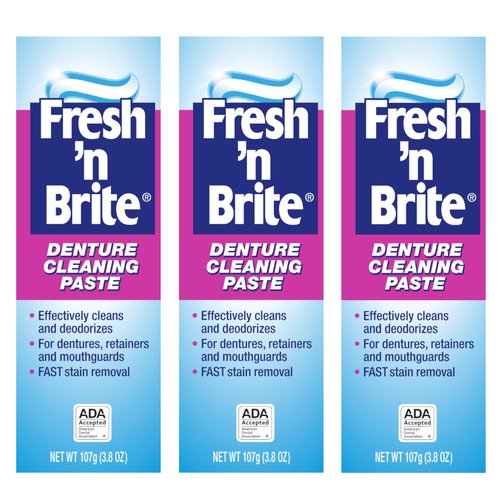 Fresh 'n Brite Denture Cleaning Paste For Dentures, Removable Partial Dentures, Retainers, Mouthguards, Nightguards, Fast Stain Removal, pack of 3, 3.8 oz Tubes