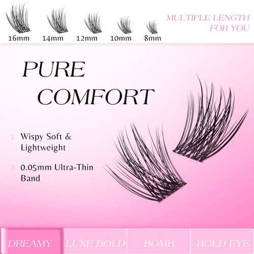 VEYESBEAUTY Lash Clusters Individual Eyelash Extensions Thin & Invisible Band DIY False Eyelashes for Self-application Newbie's Five-Second Series Wispy Lash Tray, Dreamy 8-16mm Mixed Length