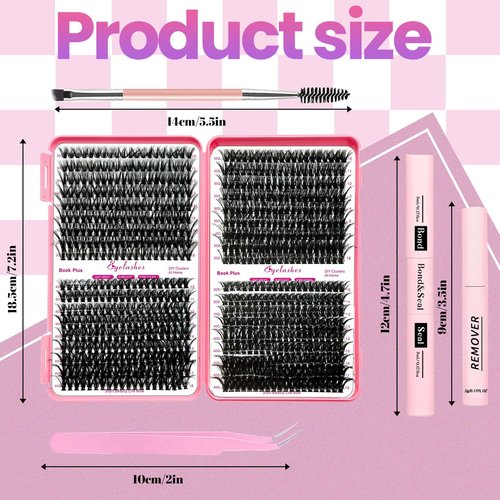 Qiveaory DIY Lash Extension Kit 720pcs Individual Lashes Clusters D Curl Eyelash Extension Kit with Lash Bond and Seal, Eyelash Remover Tweezers Brush(10-18mm,30D+40D+50D+60D) Lash Books DIY at Home