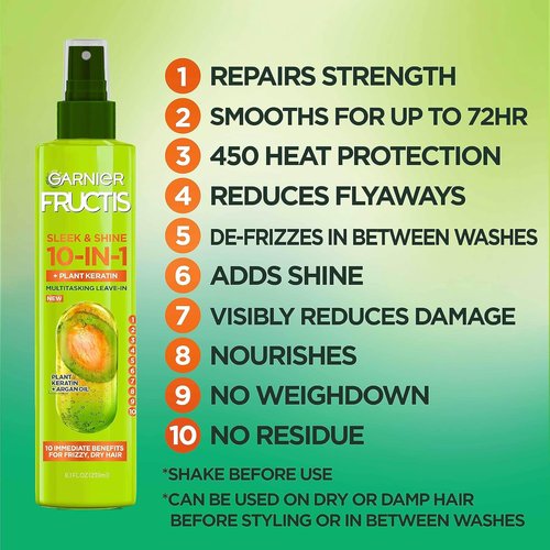 Garnier Fructis Sleek & Shine 10-in-1 Treatment - Plant Keratin for Frizzy Hair, 8.1 Fl Oz
