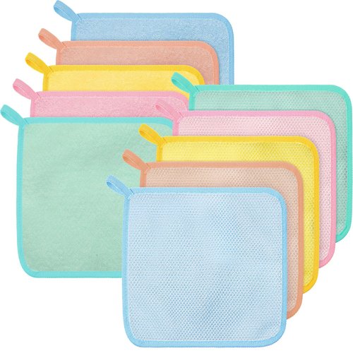 Tudomro 10 Pcs Exfoliating Washcloths Double Sided Man Wash Cloths Body Face Exfoliating Scrub Cloths for Shower Men Women (10.2 x 8.7 Inc,Macaron Color)