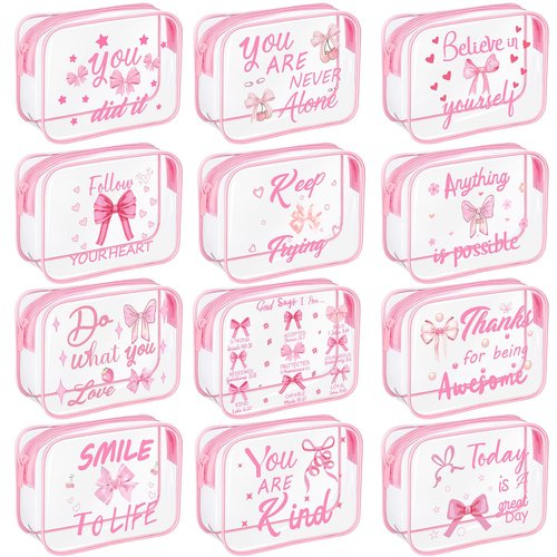 Kacctyen 12 Pcs Clear Makeup Bags Bulk Inspirational Quotes Waterproof Portable with Toiletry Zipper Clear PVC Travel Pouch Encouragement Quotes Bags Appreciation Gift for Mother Nurse (Bow)