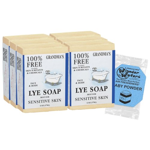 Grandma's Pure Lye Soap Bar by CLASSYONE – Unscented Face & Body Wash Soap for Dry & Itchy Skin, Bundled with Wonder Wafers Baby Powder Air Freshener - 6.0 oz, Pack of 6