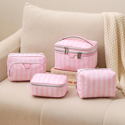 RSRSLEII Waterproof Travel Makeup Bag, Aesthetic Nylon Striped Cosmetic Bag，Coquette Traveling Toiletry Bag With Zipper, Cosmetic Pouch for Women Purse, Ideal for Women and Girls(02 Compartments)
