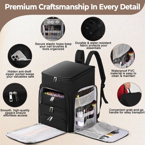 DERSTUEWE Professional Nail Polish Organizer Backpack, Black Storage Case with Multiple Compartments, Portable Travel Carrying Bag for Nail Art Supplies