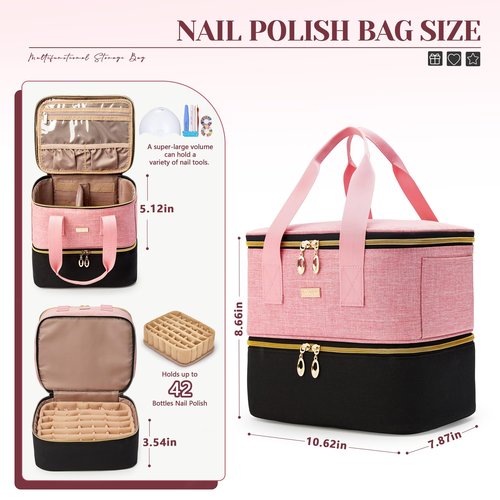 BAGMIND Nail Polish Organizer, Double Layer Nail Organizer and Storage Box Holds 42 Bottles & Nail Tech Kit Supplies, Large Capacity Nail Polish Organizer Case Carrying Bag
