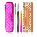 Women's Dermaplane Face & Eyebrow Razor Kit with GlamTweeler Slant Tweezers, Spoolie Brush, and Luxury Leather Storage & Travel Case + 10 Refill Blades (Black)