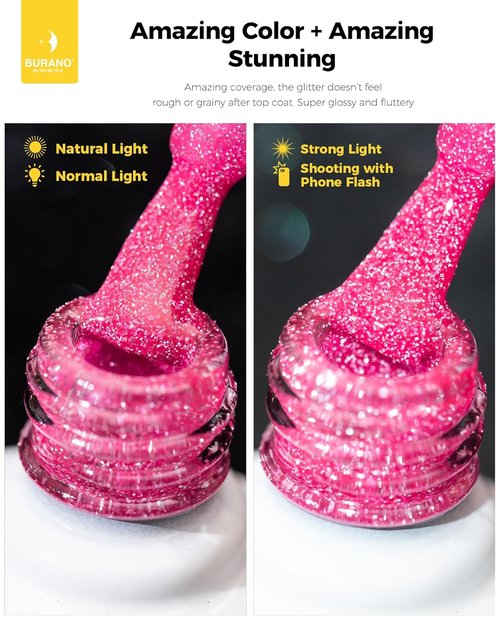 BURANO Hot Pink Reflective Glitter Gel Nail Polish - UV LED Holographic Sparkle 7.3ml for DIY Nails
