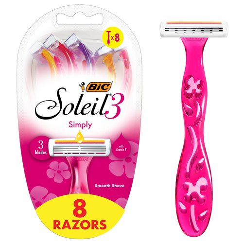 BIC Soleil Simply Smooth Women's Disposable 3 Blade Razors, Moisture Strip and Comfortable Handle, 8-Pack for Skin Care Routine Kit
