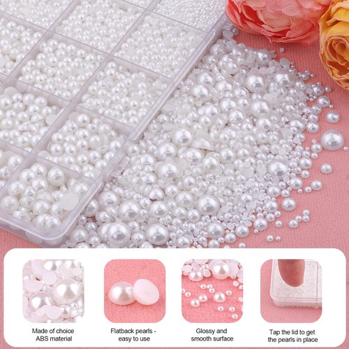 13500Pcs Flatback Pearls for Bedazzling (White) with 3Pcs B7000 Jewelry Glue, Assorted Size 2/3/4/5/6/8/10mm Half Pearl, Bedazzling Gems for Crafting Clothing Tumbler Shoes Embellishment Nail Art