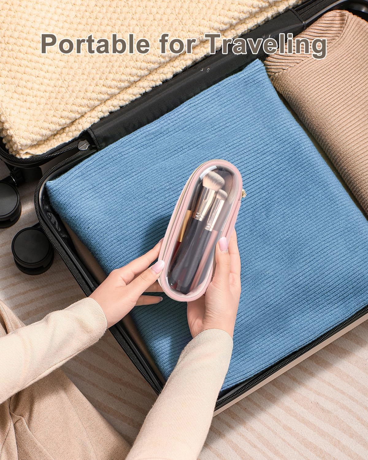 Soimeat Clear Travel Makeup Brush Holder - Waterproof Leather Cosmetic Case | Large Pink Design