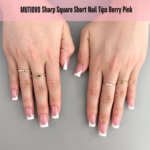 MUTIOVO White French Tip Short Straight Square Nail Tips Press on, BERRY PINK Extra Thick NEED Soft Gel Nail Extension, Need Builder gel & Top,Coat Full Cover False Nails, for DIY x 15 Sizes 150 pcs