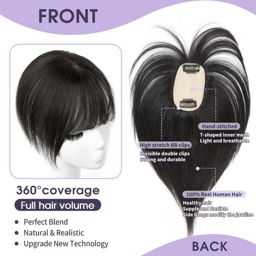 EonLuxe 10 Inch Real Human Hair Topper with Bangs for Women Covers Thinning Crown, Clip-In Hair Topper for Thinning Hair (Natural Black)