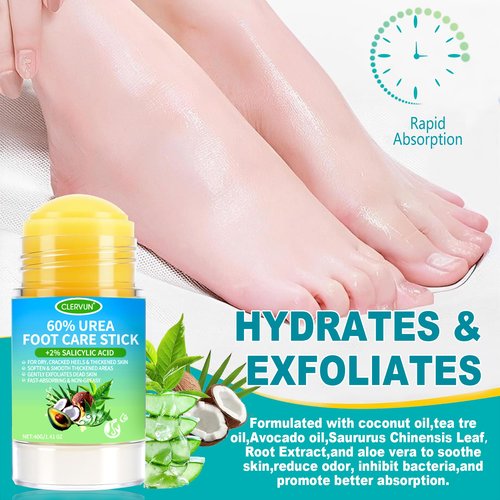 CLERVUN 60% Urea Cream Stick with 2% Salicylic Acid, Anti-Cracking Foot & Hand Cream Moisturizer for Dry Cracked Heel Feet, Knee, Elbow, Foot Balm Stick for Callus Remover & Dead Skin Softener (2)