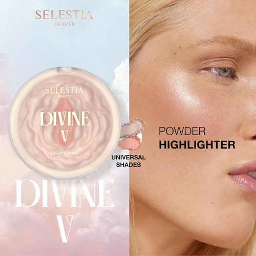 SELESTIA BEAUTY Powder Highlighter - Divine V | Radiant Glow for All Skin Tones, Easy Application, 0.53 oz