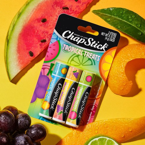 ChapStick Lip Care, Tropical Treats Collection (6 Sticks) – Electric Tangerine, Fizzy Grape & Zingy Watermelon Lip Balm, 0.15 Oz Ea