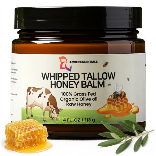 AMBER ESSENTIALS Beef Tallow & Honey Balm, All-Natural Moisturizer with Raw Honey & Olive Oil, Grass-Fed Tallow Cream for Face & Body, Deeply Nourishing Skin Care for Women & Men, Rich Moisture