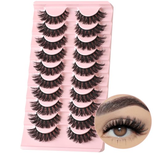 FARRED False Lashes Wispy Natural Strip Eyelashes 14mm Cat Eye Mink Lash Strips Full Volume Fake Cateye Eyelash Pack Natural Look 10 Pairs Short Thick Fluffy Pestañas Postizas for Women