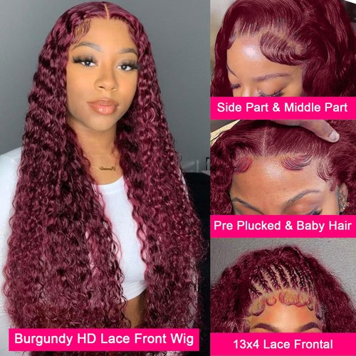 Skiennix 24-Inch Burgundy Deep Wave Wig - 13x4 HD Transparent Lace Front, 180 Density, Pre-Plucked