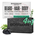 Bossman 4-in-1 Charcoal Soap Bar - All-Natural Men's Beard Wash, Shampoo, Body Wash & Shaving Solution | Eucalyptus & Tea Tree, 4 oz