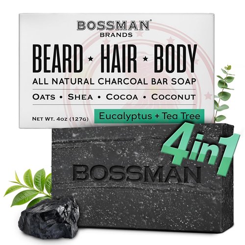 Bossman 4-in-1 Charcoal Soap Bar - All-Natural Men's Beard Wash, Shampoo, Body Wash & Shaving Solution | Eucalyptus & Tea Tree, 4 oz