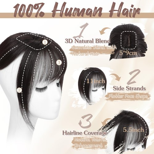 DinkyTims Hair Toppers for Women Real Human Hair - 360° Coverage Deep Brown Black Clip In Topper with Bangs for Thinning Hair Upgraded 5×9 cm Silk Base Ideal for Everyday Use