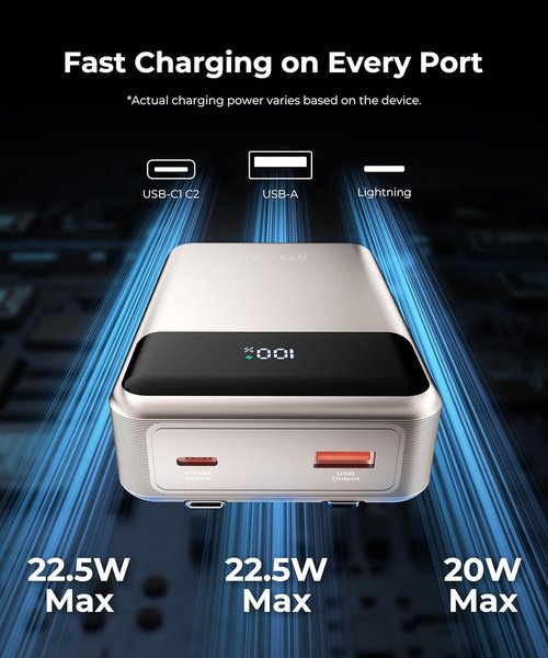 JOYFAR Portable Charger - 30000mAh Power Bank with Built-In Cable | Fast Charging for iPhone & More (Gold)