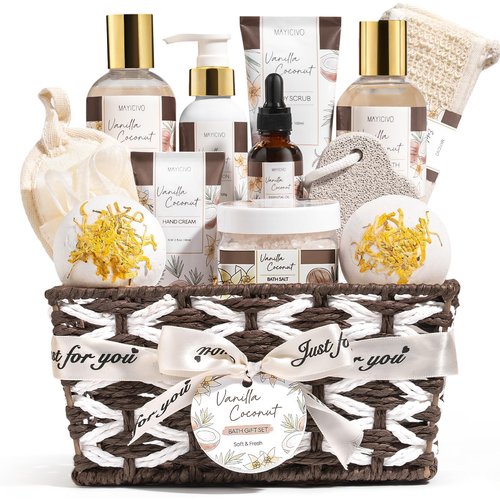 Birthday Gifts for Women, Vanilla Coconut Relaxing Spa Gift Baskets for Women Self Care Package Bath Gift Set, Home Bath and Body Kit Pamper Valentines Day Gifts for Her Womens Mom Friends Sister Wife