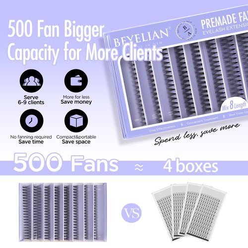 BEYELIAN Premade Volume Eyelash Extensions Mixed Tray 1000 Fans 9-16mm 0.07mm 10D C Curl Premade Fans Eyelash Extensions Handmade Promade Loose Fans Thin Base
