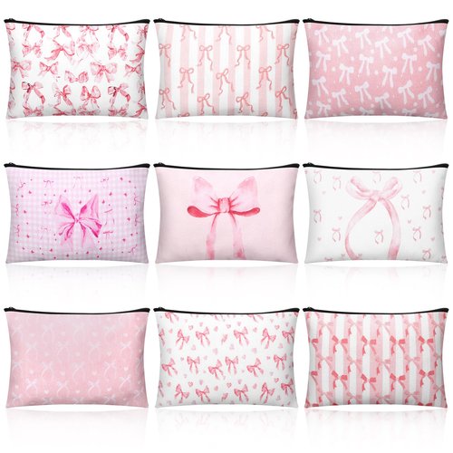 Kacctyen 9 Pcs Pink Bow Makeup Bag for Women Coquette Cosmetic Bag Bulk Preppy Pouch Coquette Gift with Zipper for Birthday Paty Favor Girls Travel Storage Accessories