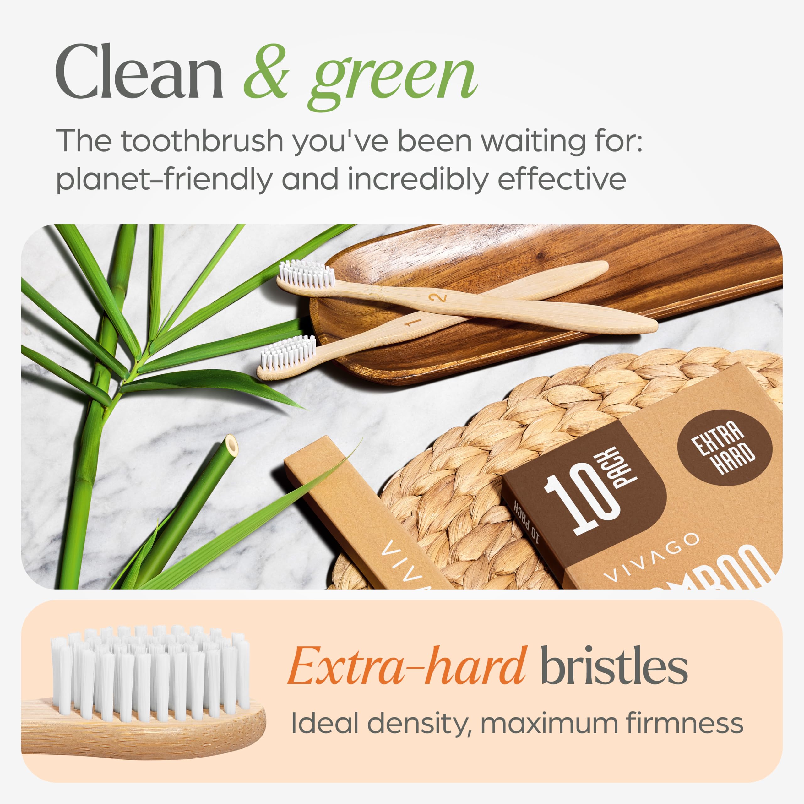 VIVAGO Extra Hard Toothbrushes for Adults - 10 Pack - BPA Free Hard Bristle Toothbrush - Extra Firm Bamboo Toothbrushes