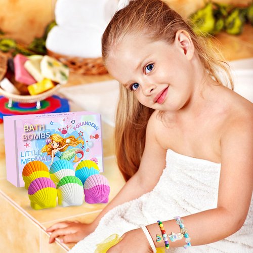 Foxandern Kids Bath Bombs, 6 Pack Mermaid Bath Bombs for Kids, 4 Oz Natural Organic Bubble Shells with Surprise Jewelry, Perfect Birthday, Christmas Party