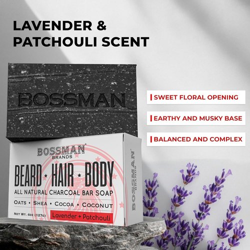 Bossman 4-in-1 Charcoal Soap Bar - All-Natural Beard Wash, Shampoo, Body Wash & Shaving Solution | 4 oz, Lavender & Patchouli Scent