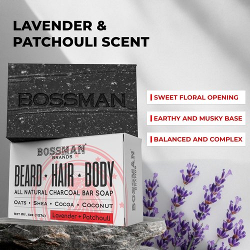 Bossman 4-in-1 Charcoal Soap Bar (4 oz) – Bar Soap for Men – All-Natural Beard Wash, Shampoo, Body Wash & Shaving Solution – Lavender & Patchouli Scent