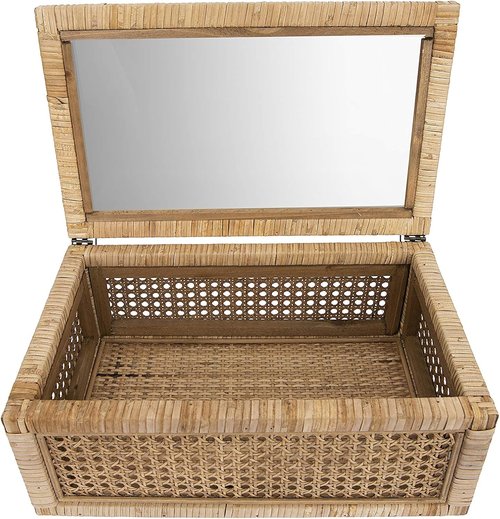 Creative Co-Op Woven Rattan and Wood Display Boxes - Modern Decorative Set of 2 with Glass Top, Natural Finish