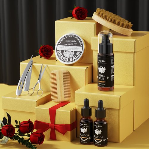 Isner Mile Beard Grooming Kit for Men Care: with Beard Wash - Oil - Balm - Brush - Comb & Straight Razor, Mens Birthday Christmas Stocking Stuffers Valentines Day Gifts for Him Boyfriend Dad Husband
