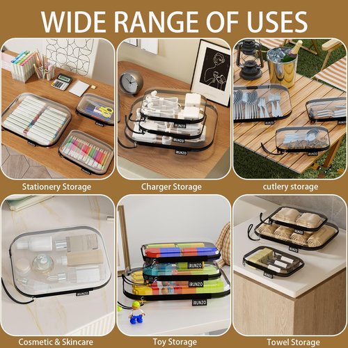 iRUNZO 3 PCS Clear Hard Shell Zipper Case With Handle Strap，Clear Plastic Waterproof Cosmetic Makeup Bags Toiletry Pouches for Travel With Double Zipper，Kid's Toy Storage Organizer Bins Box