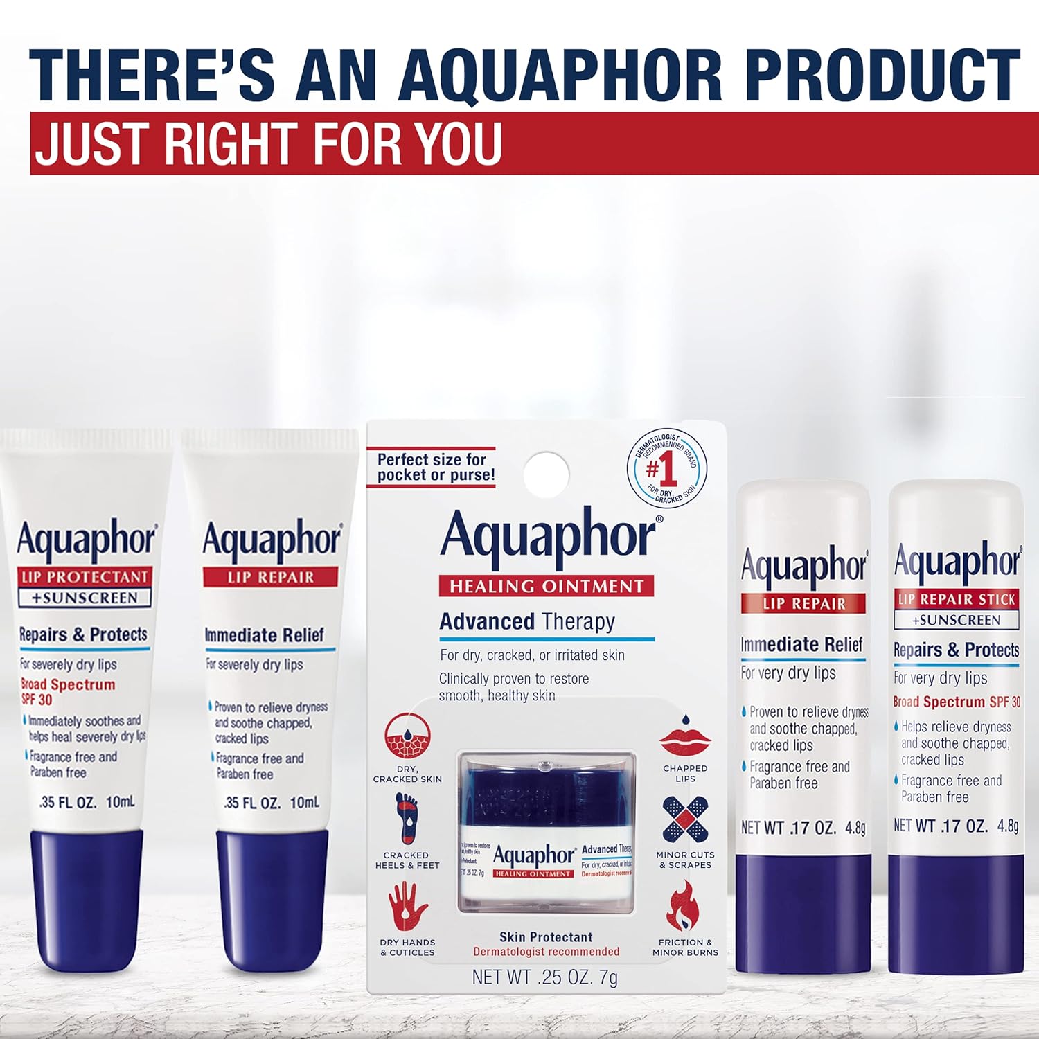 Aquaphor Lip Repair Stick - Moisturizing Lip Balm with Jojoba Oil & Shea Butter | Fragrance-Free, 0.17 Oz, Pack of 4