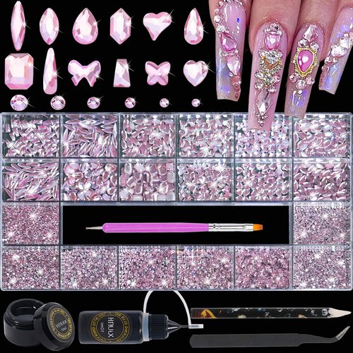 HNUIX Nail Rhinestones - 4550pcs Light Pink, Multiple Shape Gems, Flatback Crystal Rhinestones for Nails Decor Designs Kits
