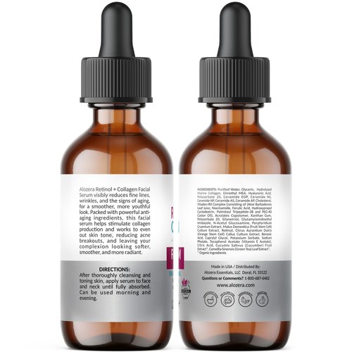 Alozera Retinol Collagen Serum for Face & Neck with Stem Cells & Peptides, Anti-Aging Wrinkle Serum for Firmer, Tighter, Smoother & Renewed Skin, Fast-Absorbing & Non-Greasy, Day/Night Facial Serum