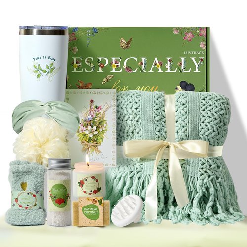 LUVTRACE Self Care Giftst for Women Spa Gift Baske Box with Blanket, Candle, Bath Salt & Tumbler — Birthday, Get Well Soon, Thinking of You, Valentine’s Day Mother’s Day Best Friend Birthday