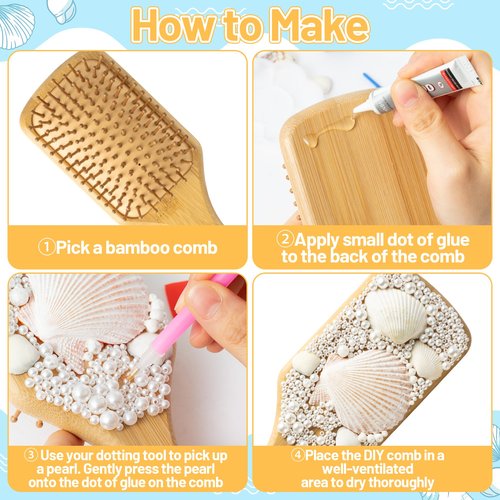 PANTIDE DIY Bamboo Hairbrush Craft Kit - 6 Set Hair Brush with Pearls Shells Brush Paint Decorate Craft Supplies, Make Your Own Mermaid Massage Hairbrush Birthday Party Gift for Women Girls