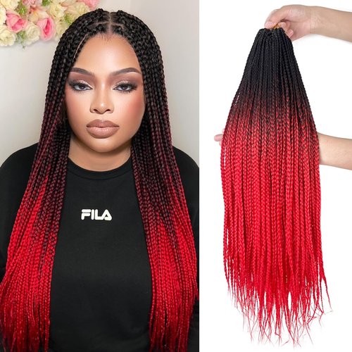 Ombre Red Crochet Braids Pre Looped 20 Inch T1B/red Box Braids Crochet Hair For African women Girl 6 Packs Small Size Crochet Box Braids Extension (Black to Red, 20 inch 6 packs)