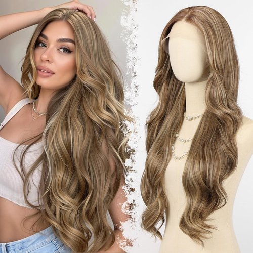 testar Brown Wigs Lace Front Wig Ready to Wear 13x6 HD Glueless Wave Lace Wig for White Women Heat Resistant Synthetic Fiber Wig Long Wavy Wig Natural Black (28 Inch)