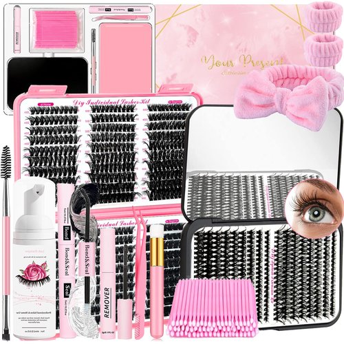 QUKLOGEN DIY Lash Extension Kit 900Pcs D Curl 9-18mm Lash with Lash Bond and Seal,Quick Glue Remover Lash Shampoo Cleansing Brush Wristband Tweezers Eyelash Brush Mini Applicator