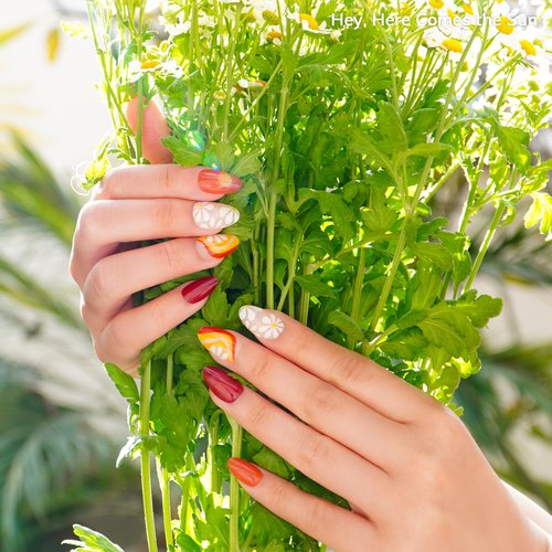 Heyhae Semi Cured Gel Nail Strips | No LED Lamp Needed | Summer, Floral, Red | Easy Apply & Remove, Salon Quality | Includes 28 Strips, 1 Prep Pads, Nail File & Wooden Stick - Hey, Here Comes the Sun