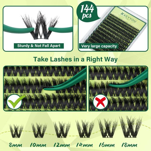 KEYYOU Lash Clusters 3D Effect Volume Eyelash Clusters Flaunt Style 144PCS D Curl Flora Wispy Look LengthLock 8–18mm Mix Ultra-Thin Black Band (PuffSilk V3D01)