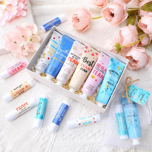 Dansib 12sets/48pcs Best Team Ever Gifts Team Appreciation Thank You Gifts for Coworkers Women Employee Appreciation Gift Party Favors Basket Stuffers Items Travel Hand Lotion and Lip Balm Set